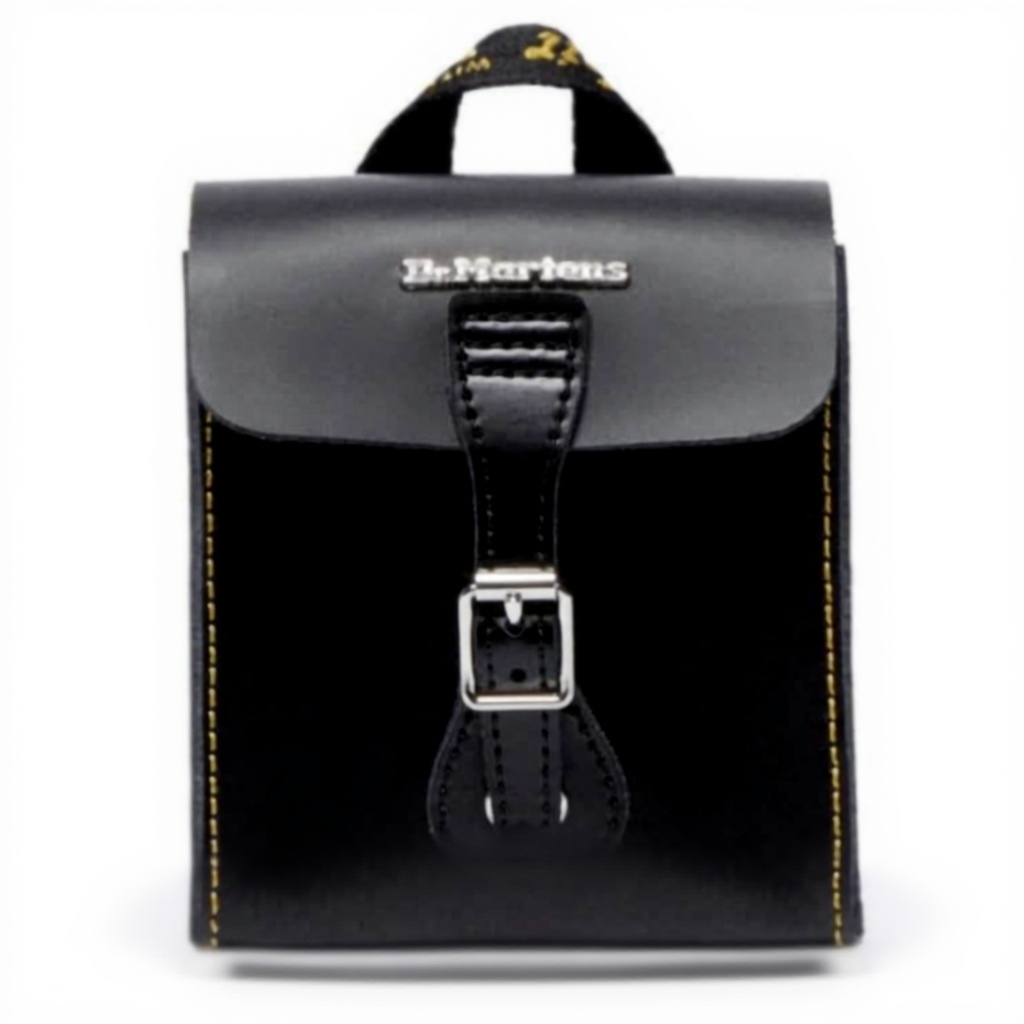 Le Sac à dos Dr Martens Mixte Box Backpack en situation réelle, posé sur une chaise dans un café, montrant son format compact et son cuir noir rigide